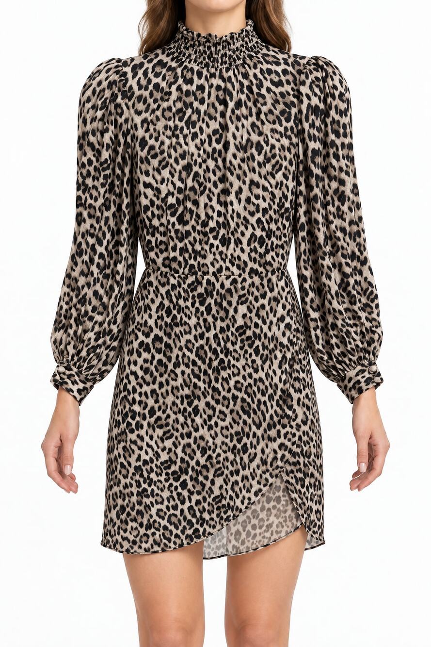 Alice + Olivia Leopard Mock Neck Puff Sleeve Mini Dress Size 0 Cupro Viscose